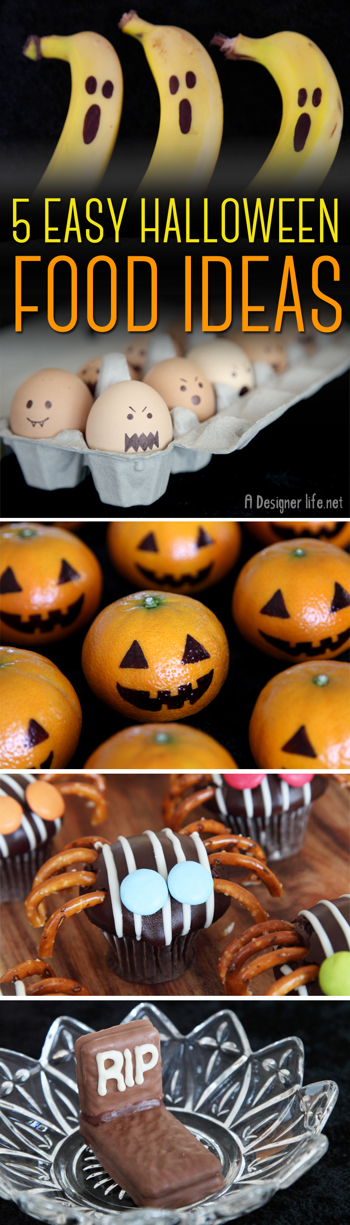 5 Easy Halloween Food Ideas - Boo-nanas, Mandarin Pumpkins, Ghost Eggs, Mini Cupcake Spiders, Tim Tam Tombstones | A Designer Life