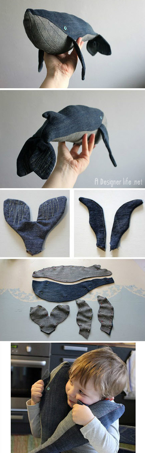 Create this amazing DIY whale soft toy by sewing old denim jeans fabric!