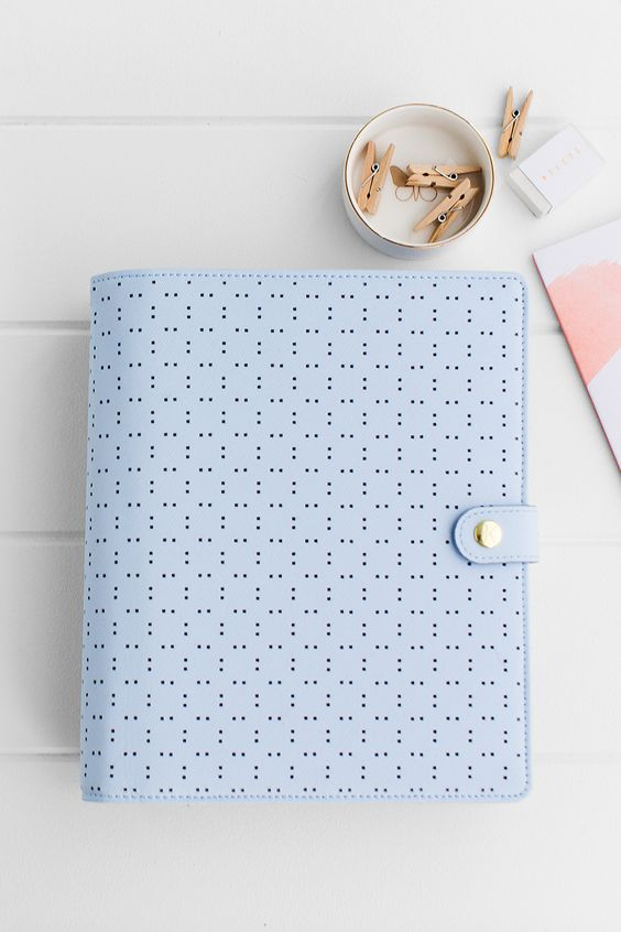 Ice blue perforated leather planner