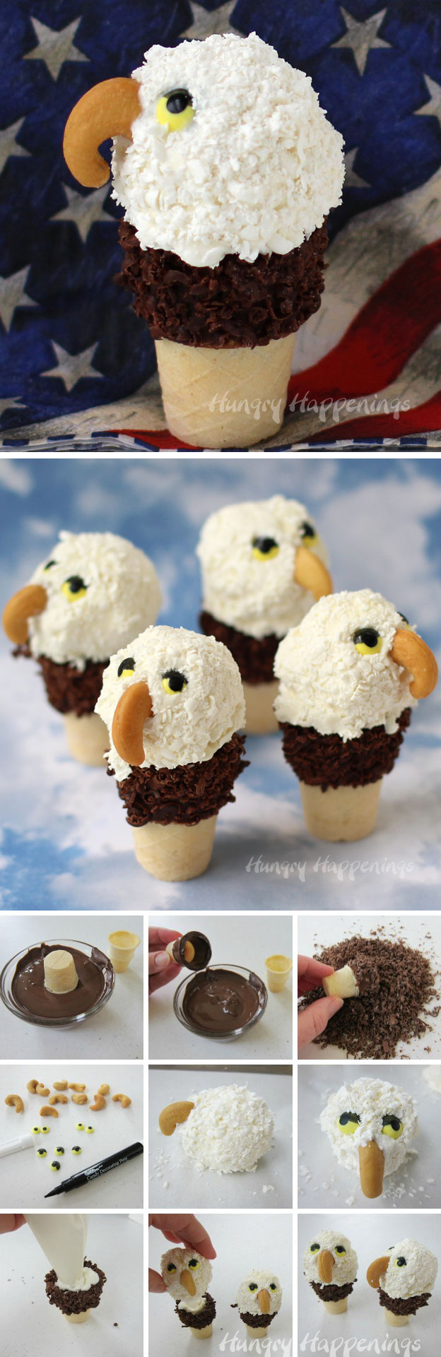 Create your own awe inspiring eagles for your July 4th celebrations. These Mini Ice Cream Cone Eagles coated in shredded Candy Melts are sure to be the hit of your patriotic party.