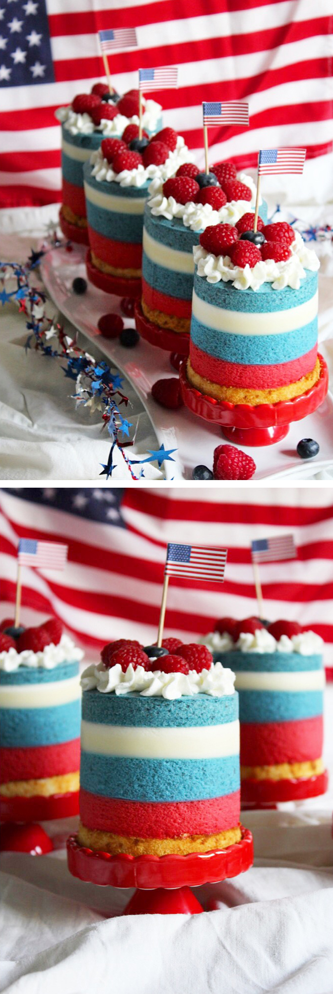 “The red and white and starry blue…” Patriotic 4th of July Mini Mousse Cakes – Strawberry, Vanilla, and Blueberry mousse!