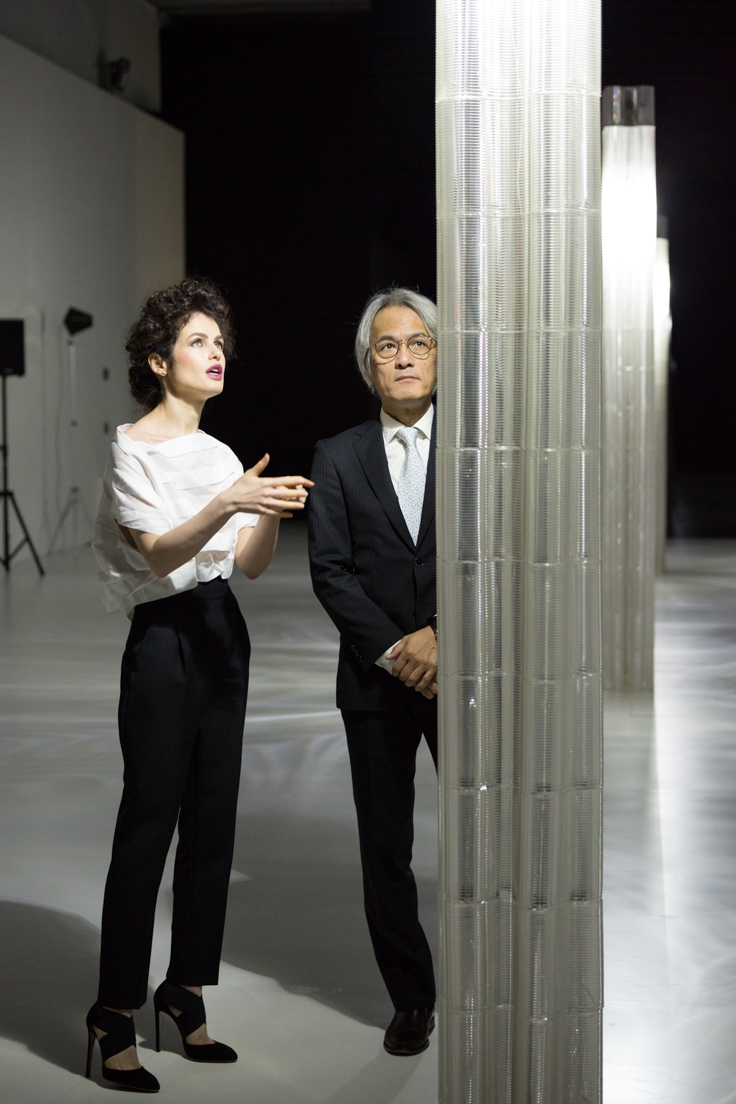 Created by Neri Oxman and the Mediated Matter Group, the glass installation exhibition at the Lexus Design Event multidimensional and immersive 3D-glass printed space inspired by Lexus YET philosophy allows visitors to experience seemingly contrasting elements: ancient YET modern, a wave YET particle, being grounded YET suspended by light. Neri Oxman is pictured with Yoshihiro Sawa, President of Lexus International.