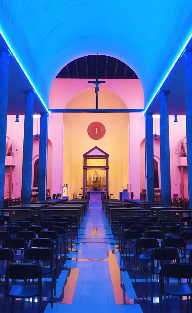 The rainbow-lit Santa Maria Annunciata church in Chisea Rossa by late artist Dan Flavin | Image Credit: Bobby Solomon of The Fox is Black | The Ultimate Guide to Milan Design Week