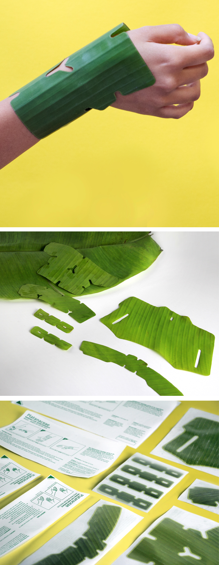 Banana leaf bandages that outperform synthetic materials yet are biodegradable and soothing, PLATANACEAE is a series of first aid bandages for burn wounds that happen at home. The hydrated texture of banana leaves is refreshing when in contact with the skin. These bandages wrap around different parts of the hands and arms. PLATANACEAE | Designer: Paula Cermeno | Lexus Design Award 2017 | Milan Design Week | La Triennale di Milano | Awesome Products #product_design