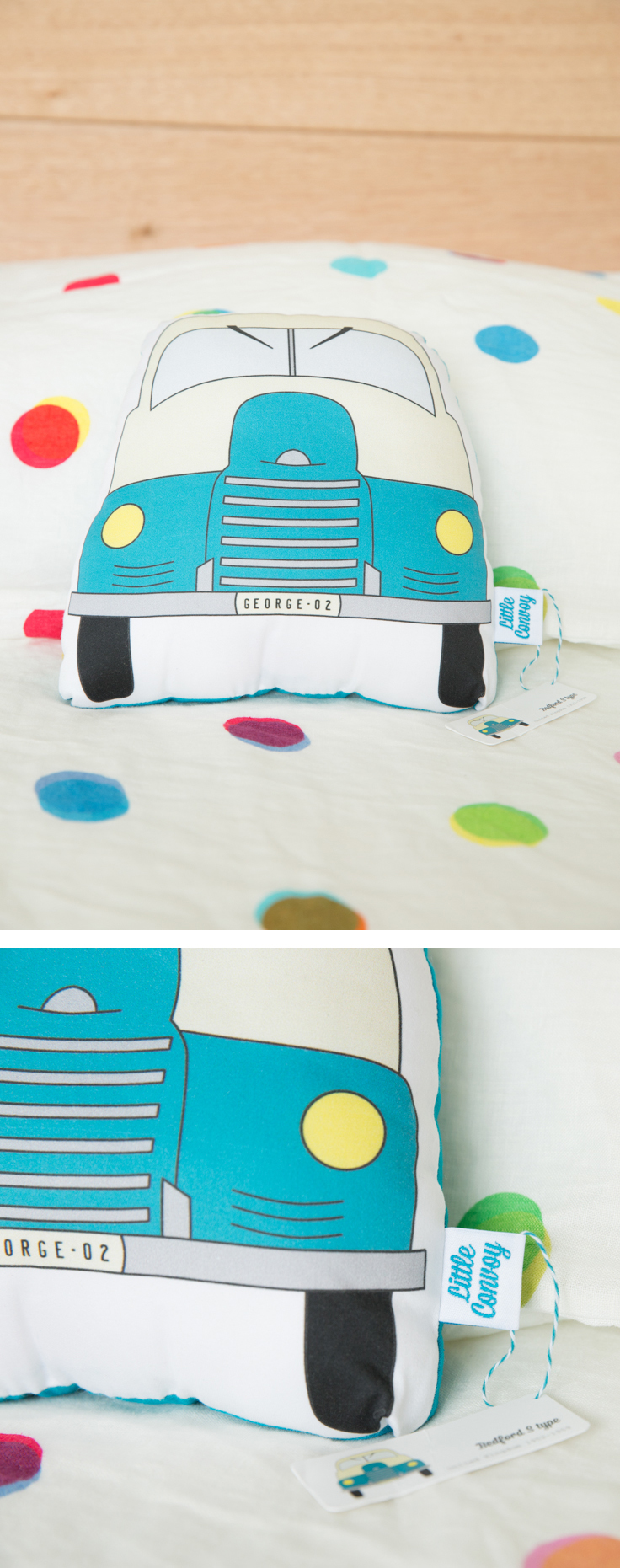 Kitty of Little Convoy makes cuddly truck soft toy pillows from drawings of her favourite vintage trucks. The trucks are first hand drawn, and then digitally drawn and coloured. They are printed on certified organic cotton, with organic cotton backing and filled with stuffing. Each truck is handmade. Great presents for newborn baby, little boy, or little girl!