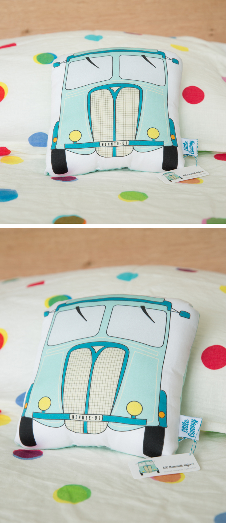 Kitty of Little Convoy makes cuddly truck soft toy pillows from drawings of her favourite vintage trucks. The trucks are first hand drawn, and then digitally drawn and coloured. They are printed on certified organic cotton, with organic cotton backing and filled with stuffing. Each truck is handmade. Great presents for newborn baby, little boy, or little girl!