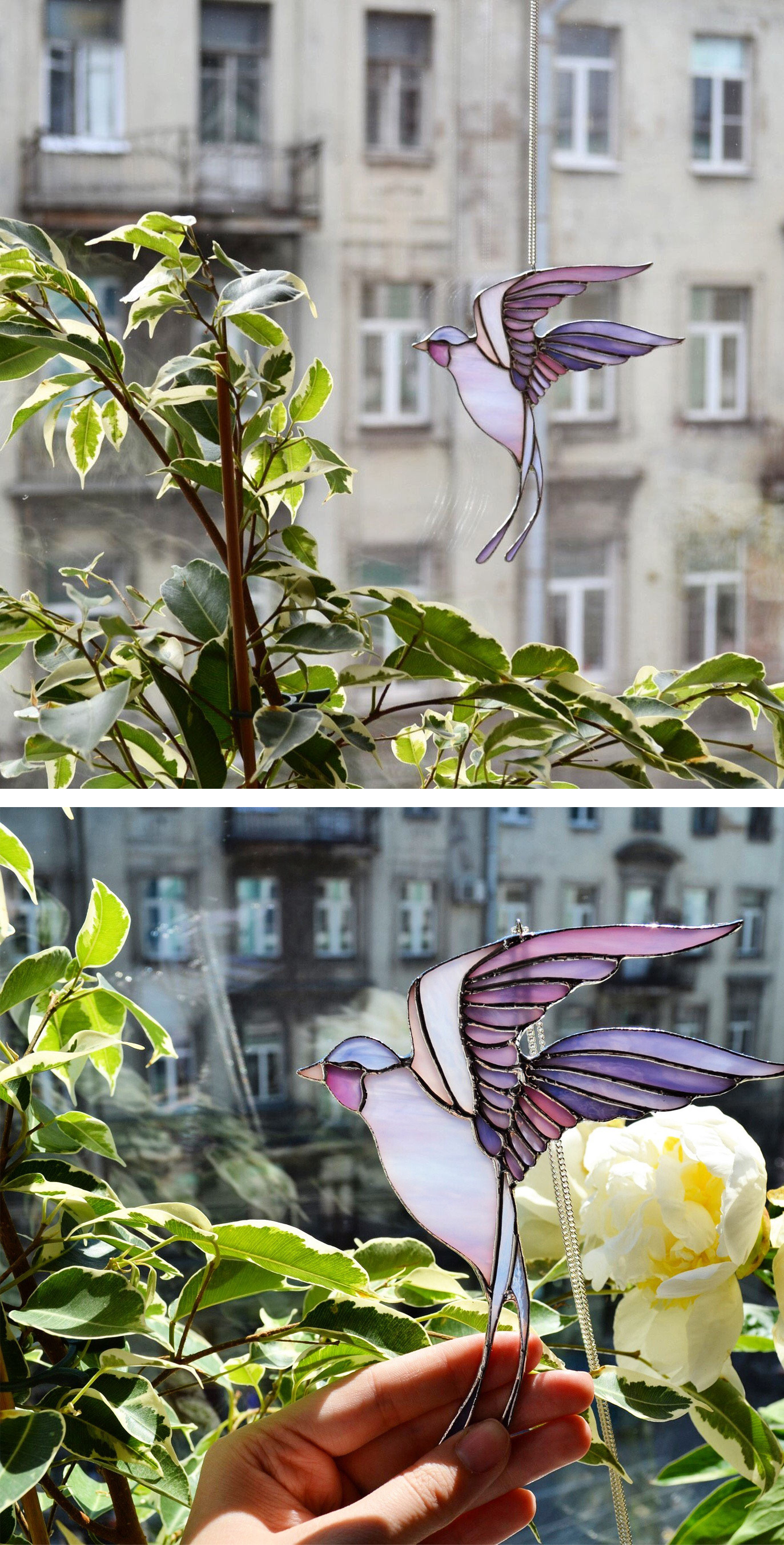 Stained Glass Swallow Sun Catcher Window Decoration in Lilac | Oda Workshop on Etsy